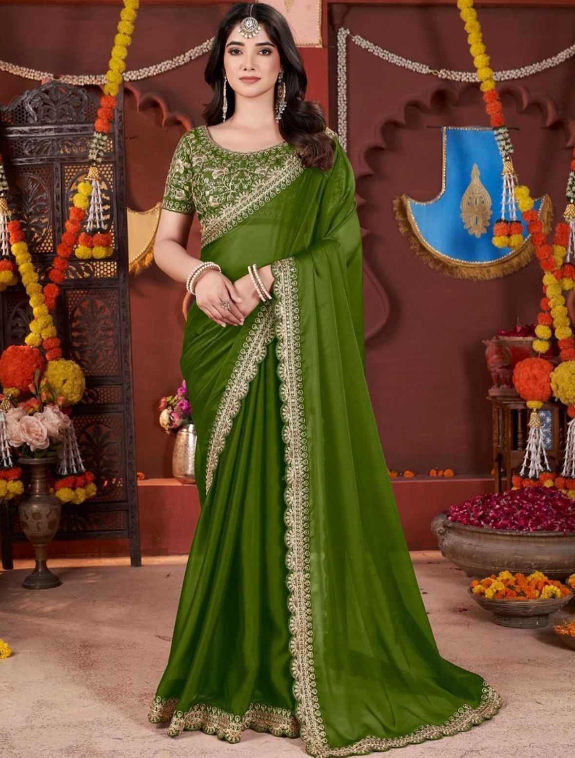 Classic Moss Green Silk-Blend Saree with Elegant Embroidered Border