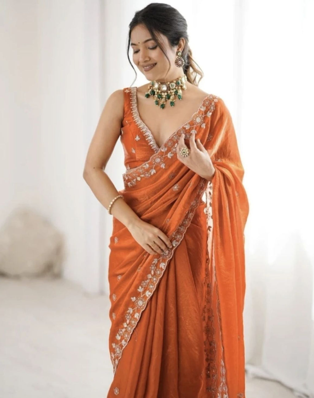 Vintage Rust Orange Georgette Saree with Delicate Scalloped Embroidery