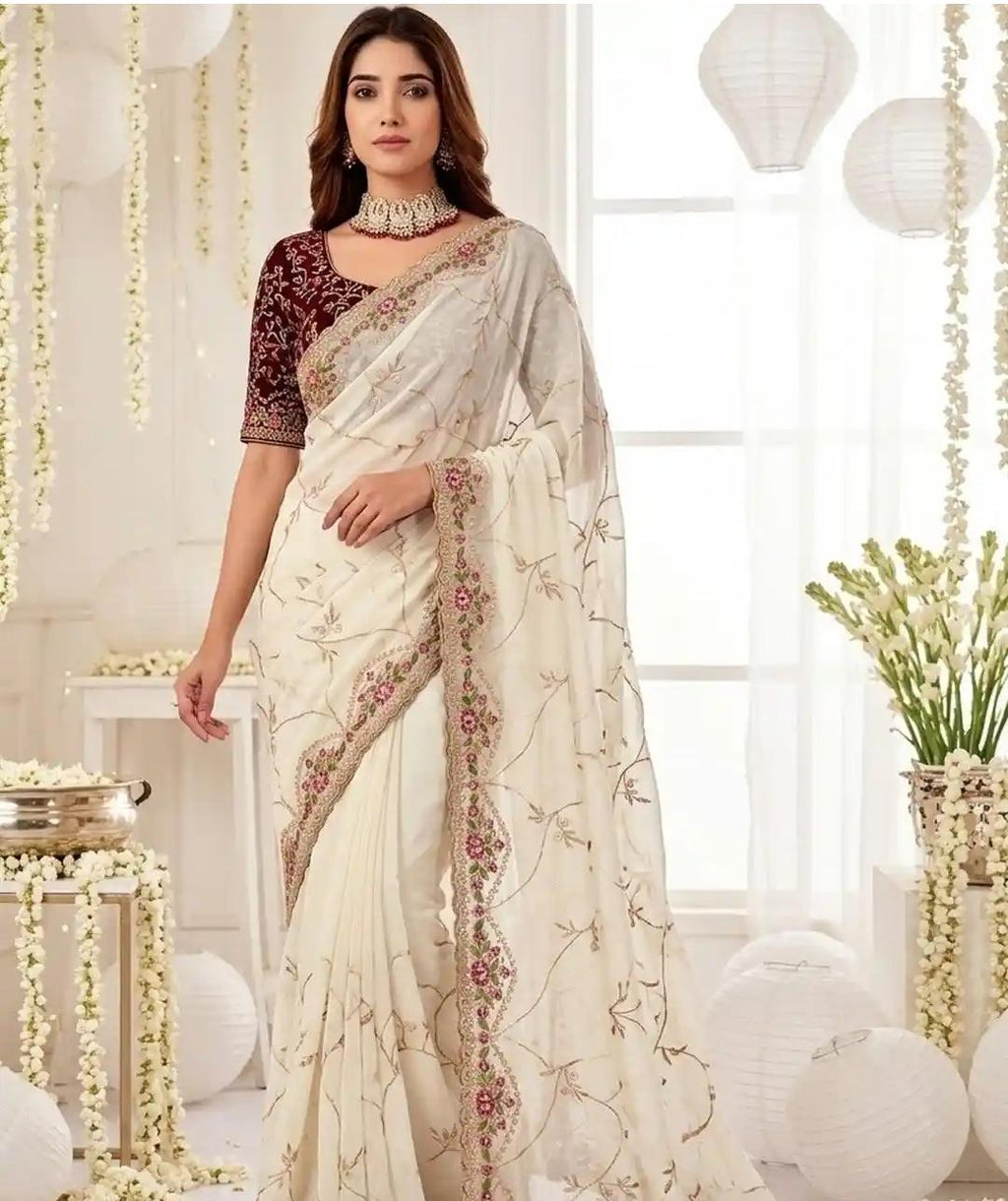 Ivory White Organza Saree with Intricate Floral Embroidery and Scalloped Border