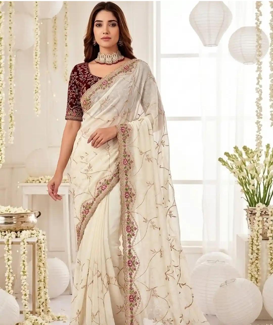 Ivory White Organza Saree with Intricate Floral Embroidery and Scalloped Border