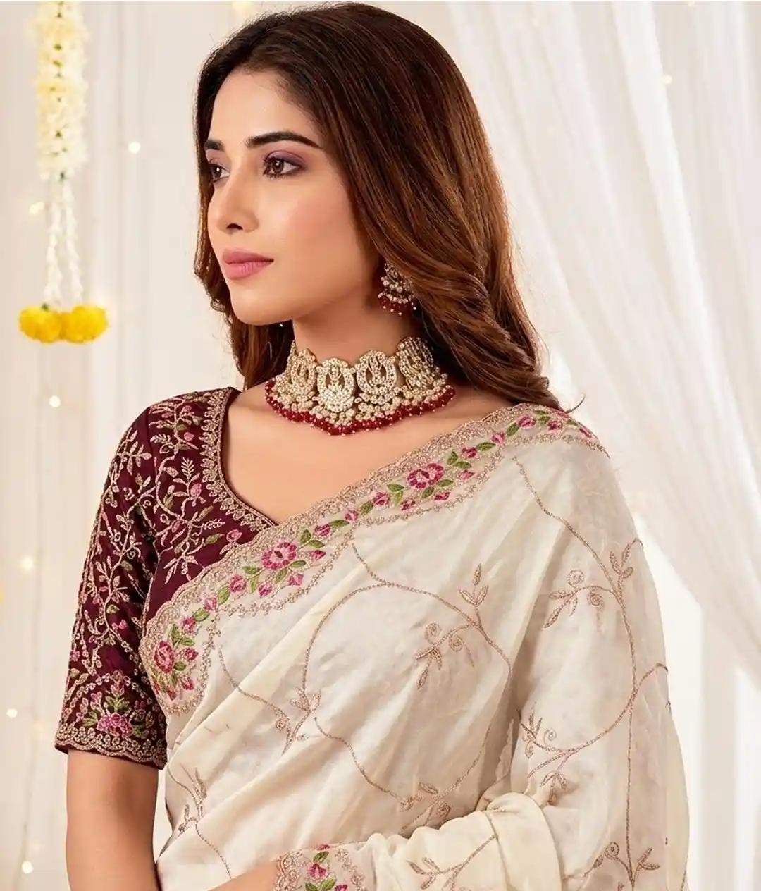 Ivory White Organza Saree with Intricate Floral Embroidery and Scalloped Border