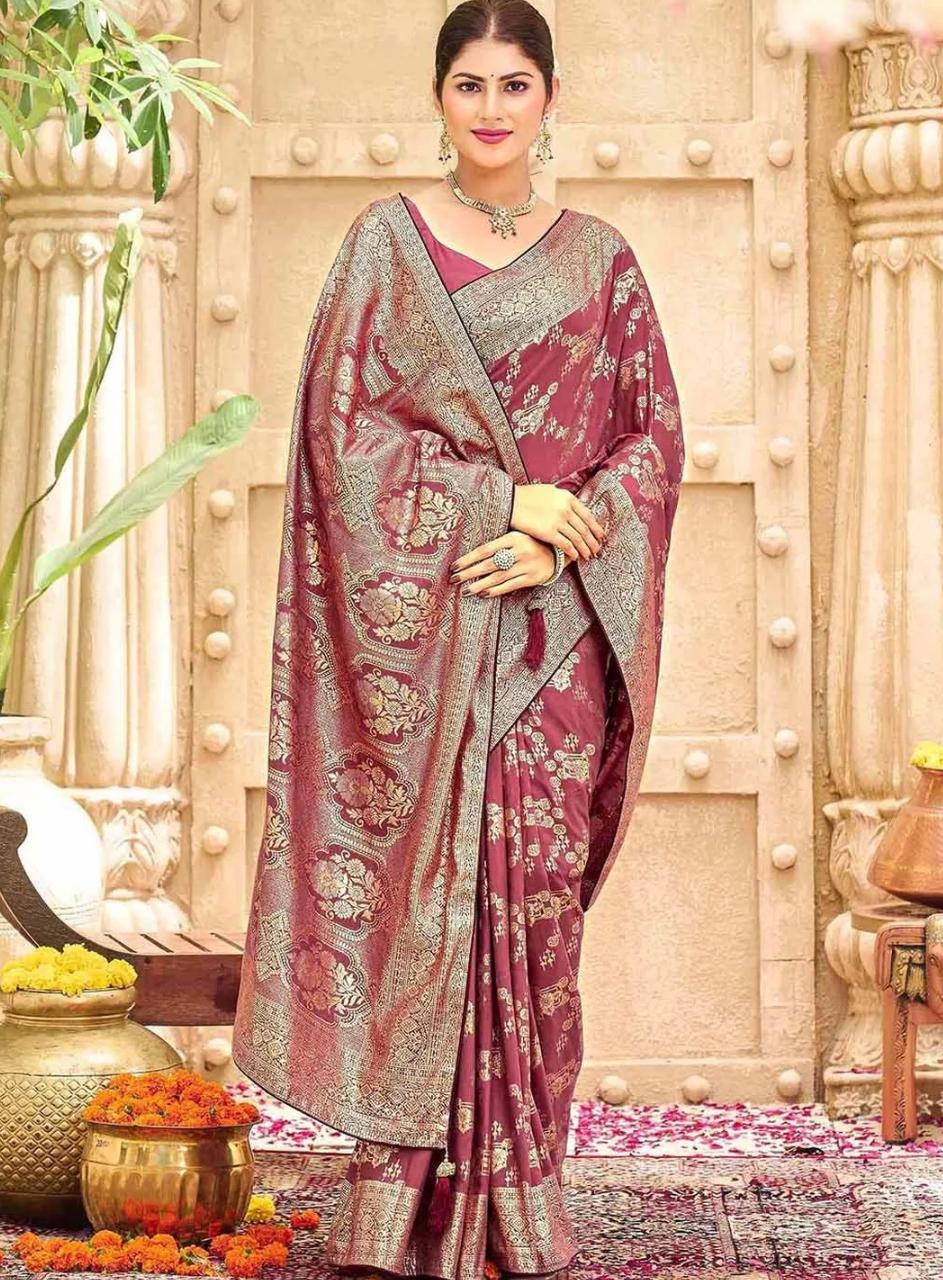 Regal Dusty Rose Banarasi Art Silk Saree with All-Over Gold Zari Bootis