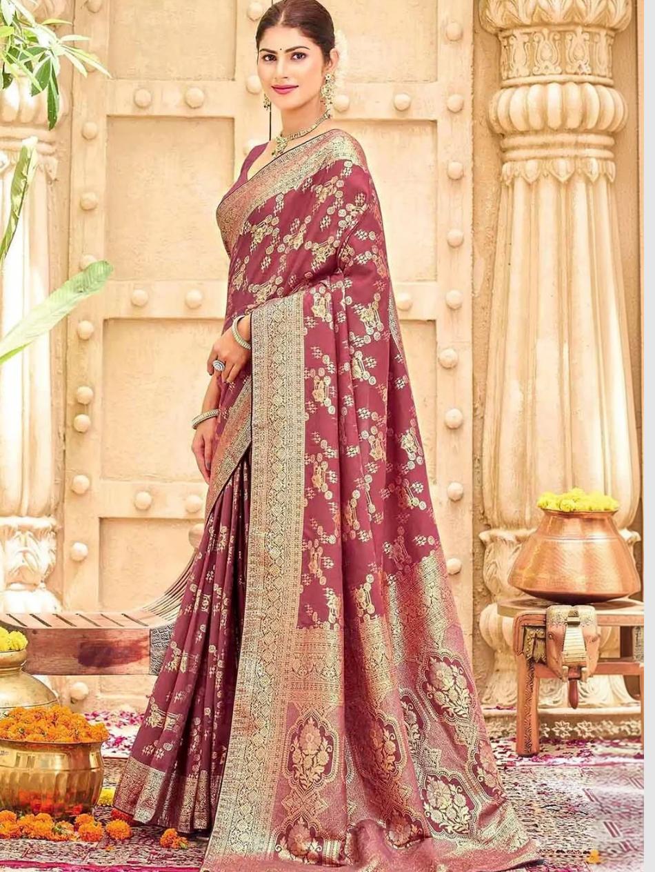 Regal Dusty Rose Banarasi Art Silk Saree with All-Over Gold Zari Bootis
