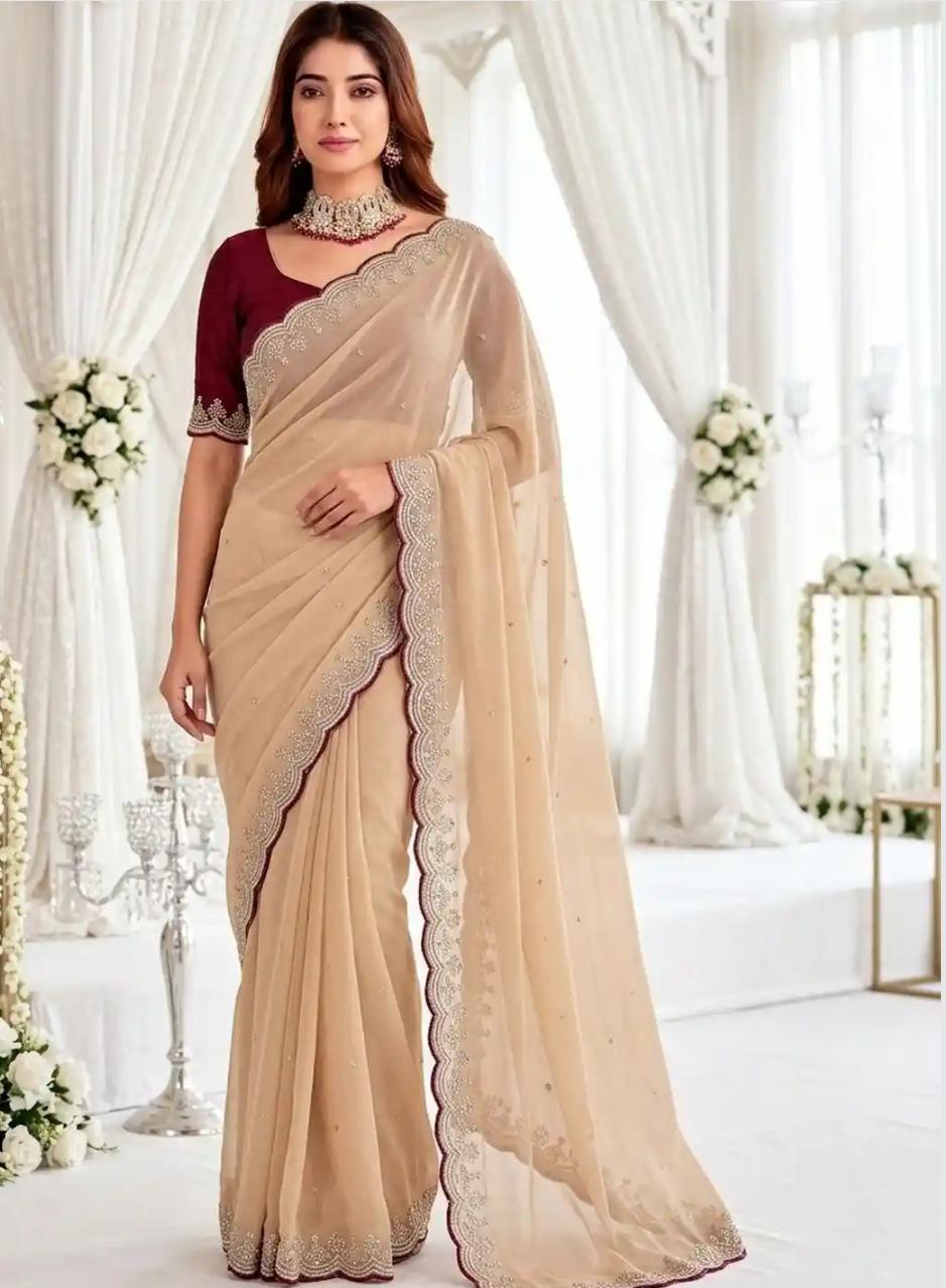 Sophisticated Beige Organza Saree with Delicate Silver Embroidered Cutwork