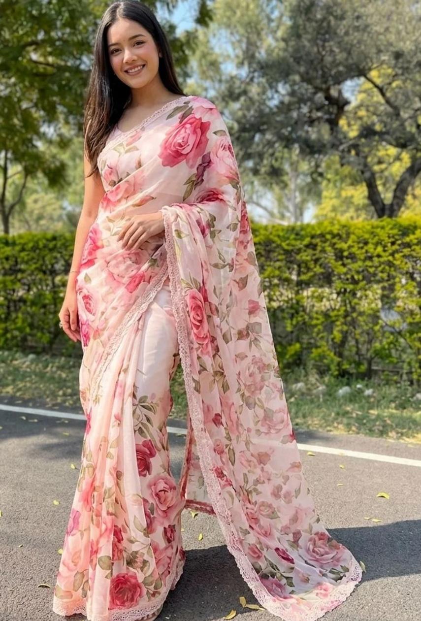Romantic Blush Pink Floral Printed Organza Saree with Delicate Lace Trim