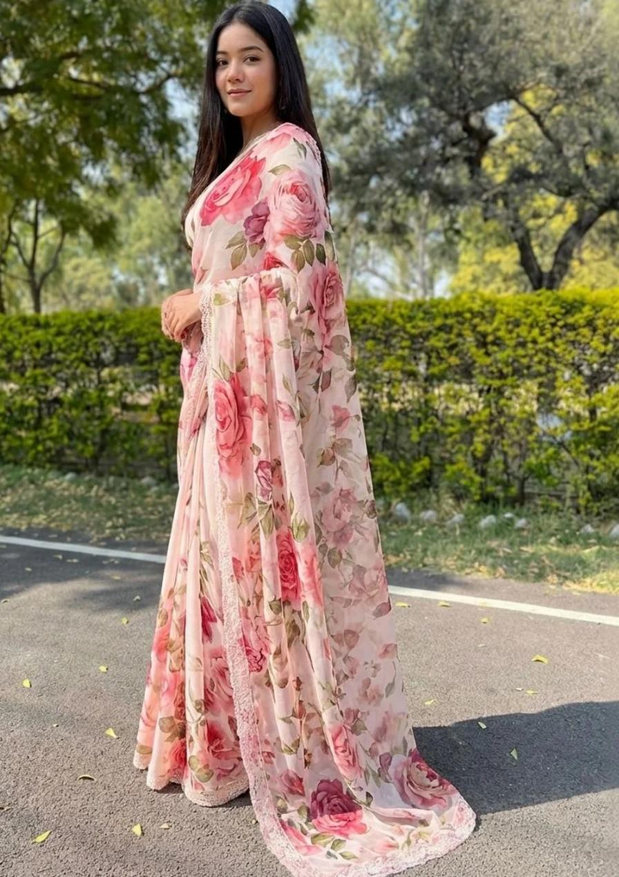Romantic Blush Pink Floral Printed Organza Saree with Delicate Lace Trim