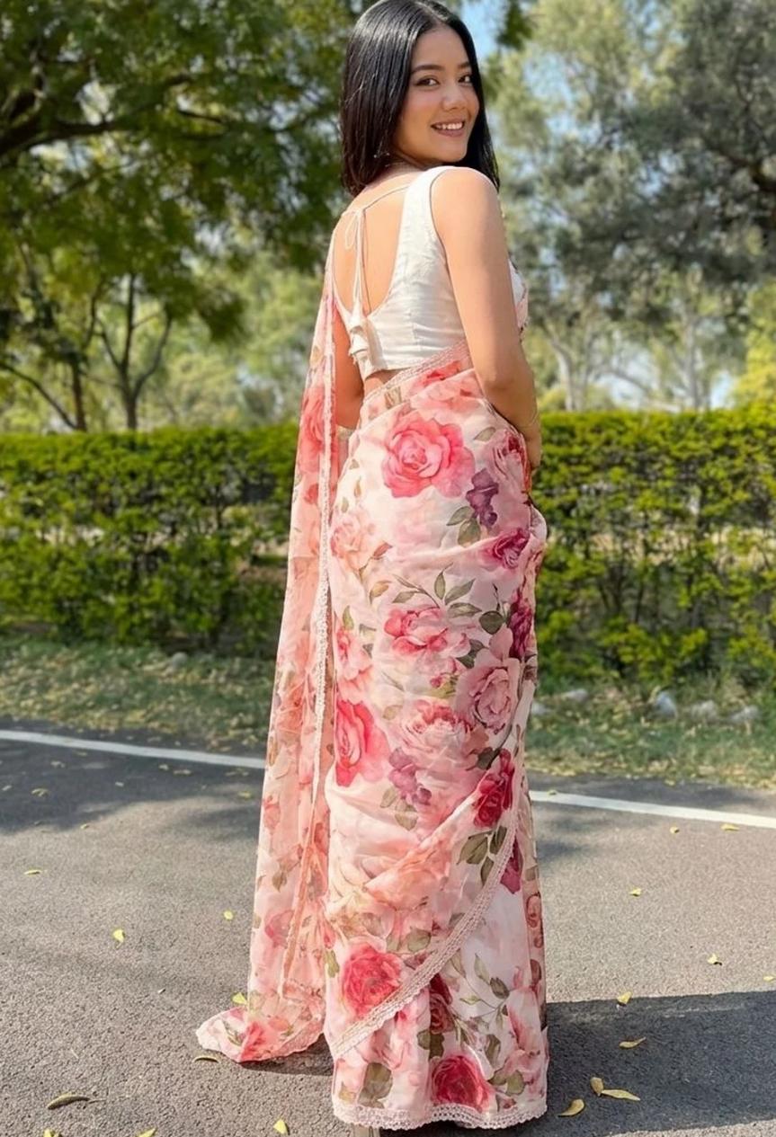 Romantic Blush Pink Floral Printed Organza Saree with Delicate Lace Trim