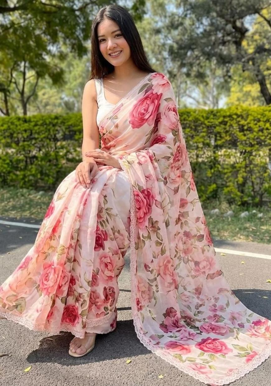 Romantic Blush Pink Floral Printed Organza Saree with Delicate Lace Trim