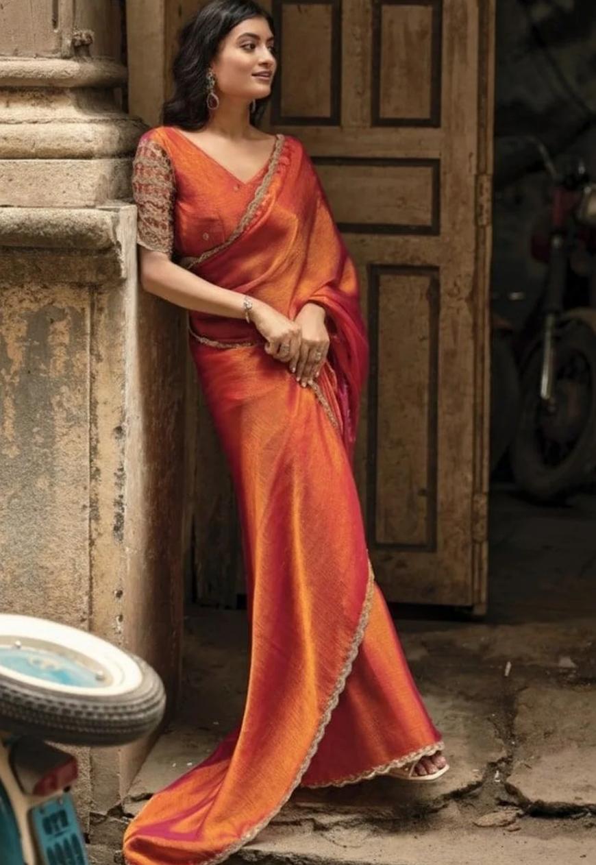 Radiant Dual-Tone Rust Orange Tissue Silk Shimmer Saree