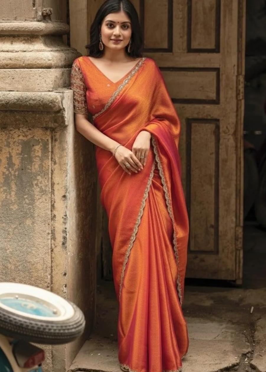 Radiant Dual-Tone Rust Orange Tissue Silk Shimmer Saree