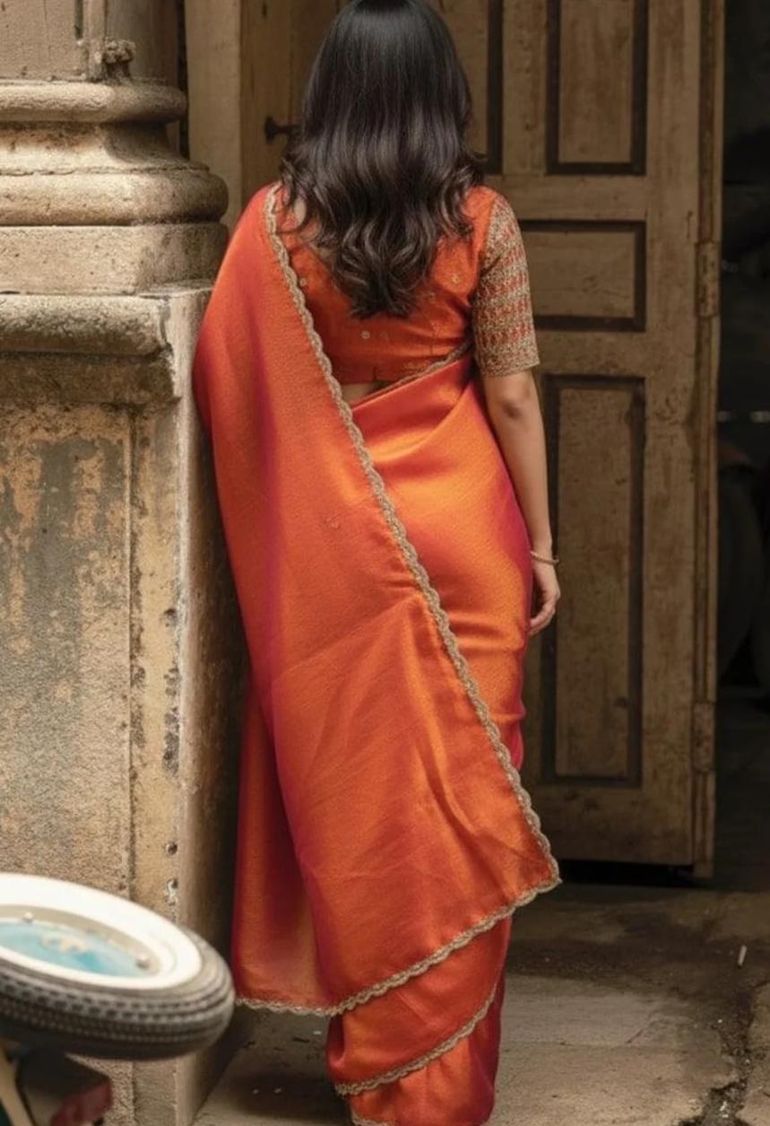 Radiant Dual-Tone Rust Orange Tissue Silk Shimmer Saree