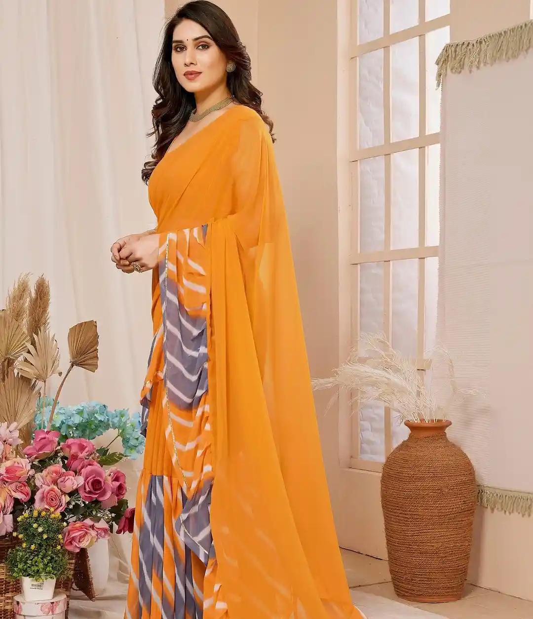 Mustard Yellow Georgette Saree with Contemporary Leheriya Ruffle Border