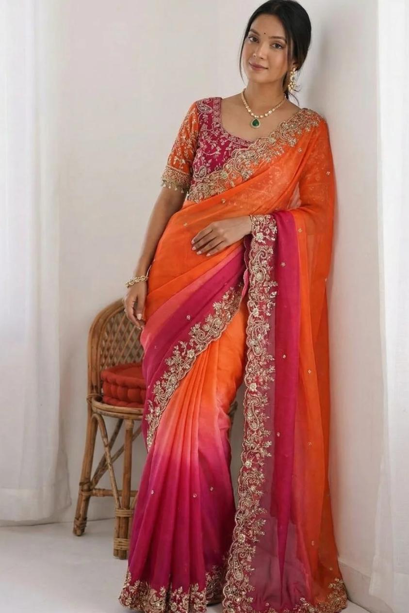 Festive Orange and Fuchsia Pink Ombre Georgette Gota Patti Saree