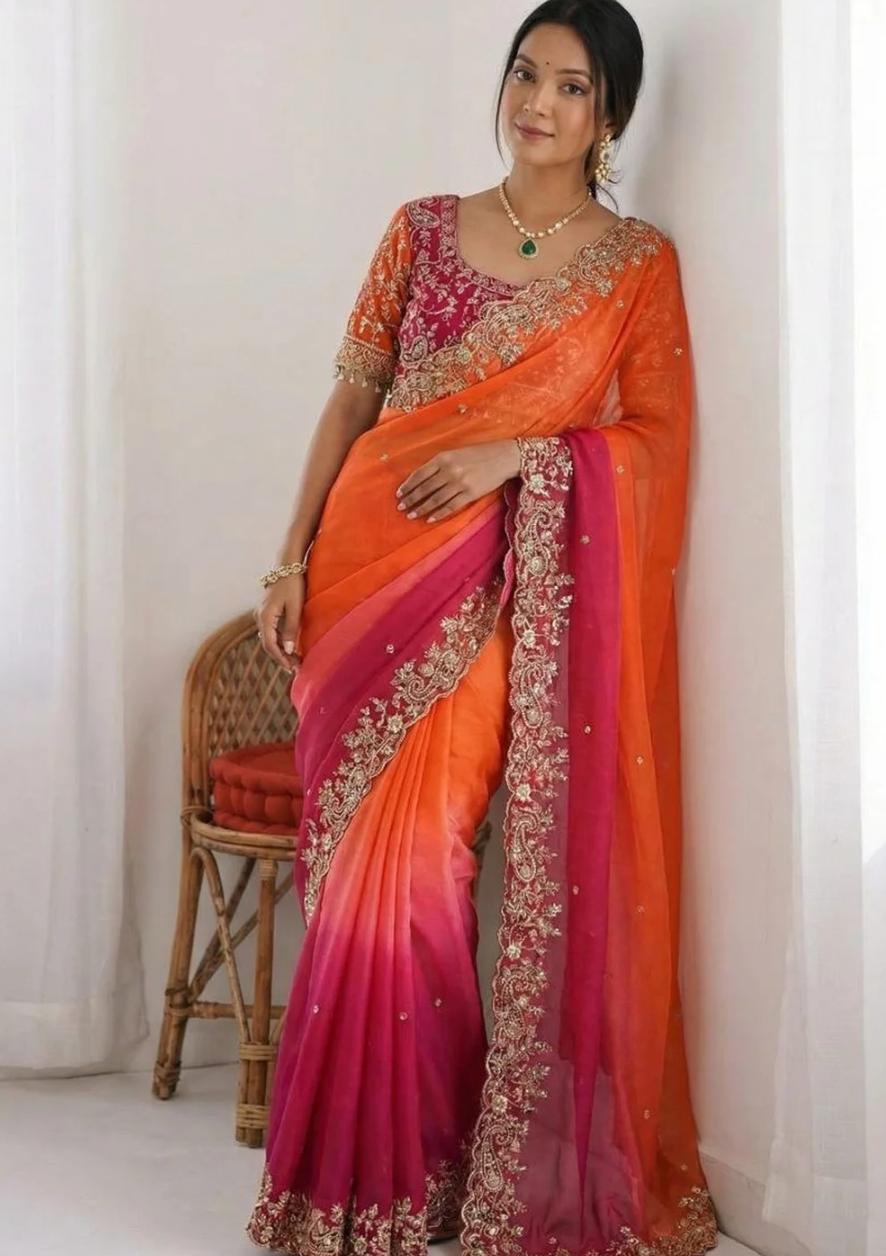 Festive Orange and Fuchsia Pink Ombre Georgette Gota Patti Saree