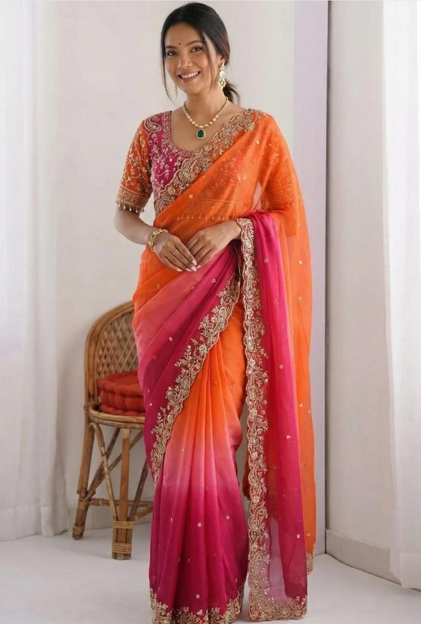 Festive Orange and Fuchsia Pink Ombre Georgette Gota Patti Saree