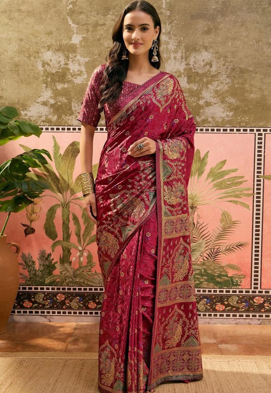 Stately Magenta Banarasi Silk Brocade Saree with Meenakari Weaving