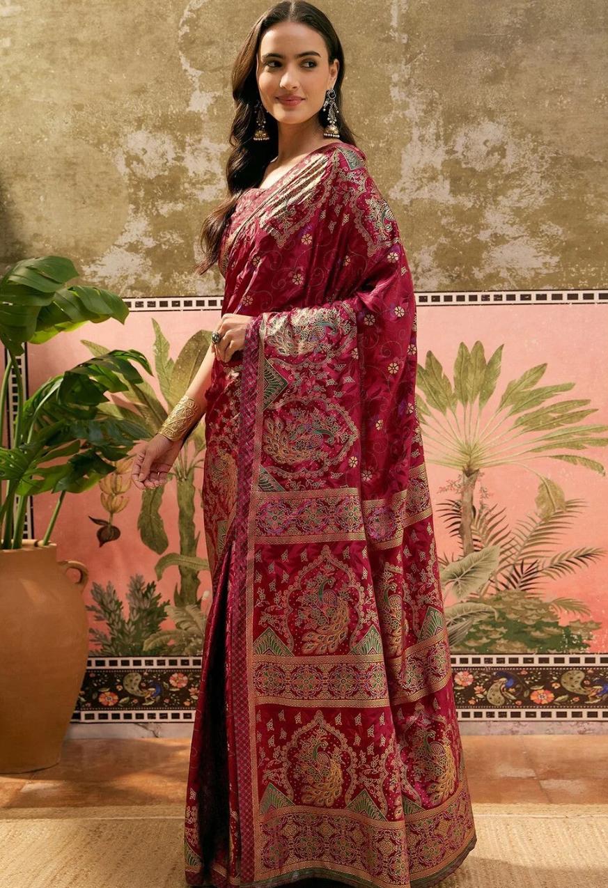 Stately Magenta Banarasi Silk Brocade Saree with Meenakari Weaving