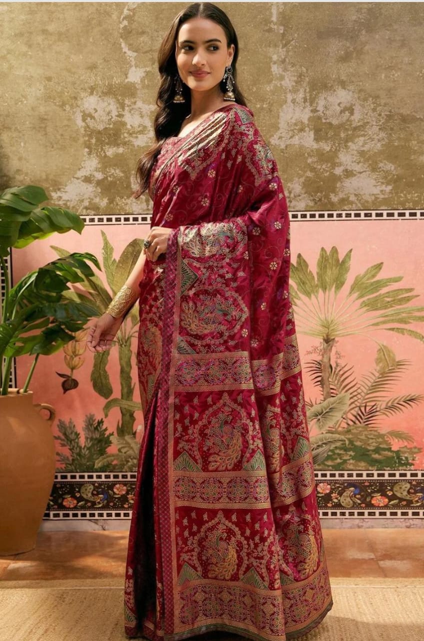 Stately Magenta Banarasi Silk Brocade Saree with Meenakari Weaving