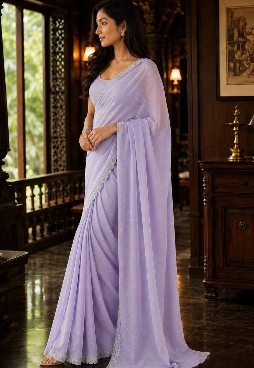 Minimalist Lavender Georgette Saree with Delicate Silver Lace Border