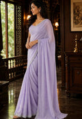 Minimalist Lavender Georgette Saree with Delicate Silver Lace Border