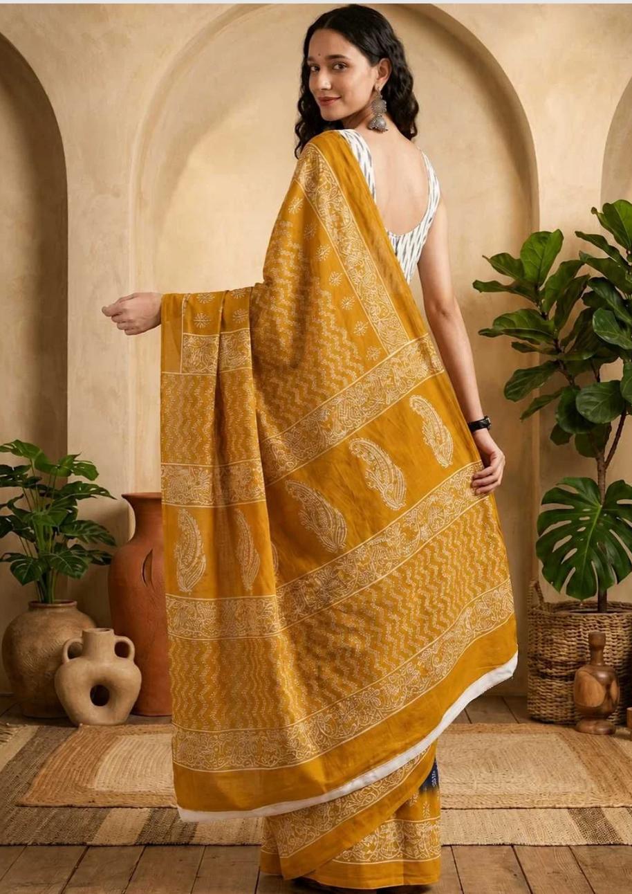 Mustard Yellow and Indigo Blue Fusion Hand-Block Printed Cotton Saree
