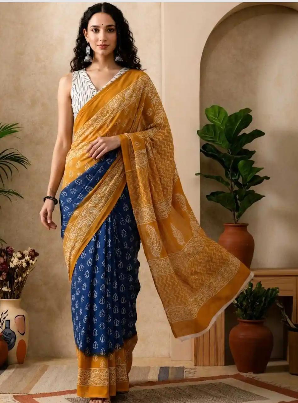 Mustard Yellow and Indigo Blue Fusion Hand-Block Printed Cotton Saree