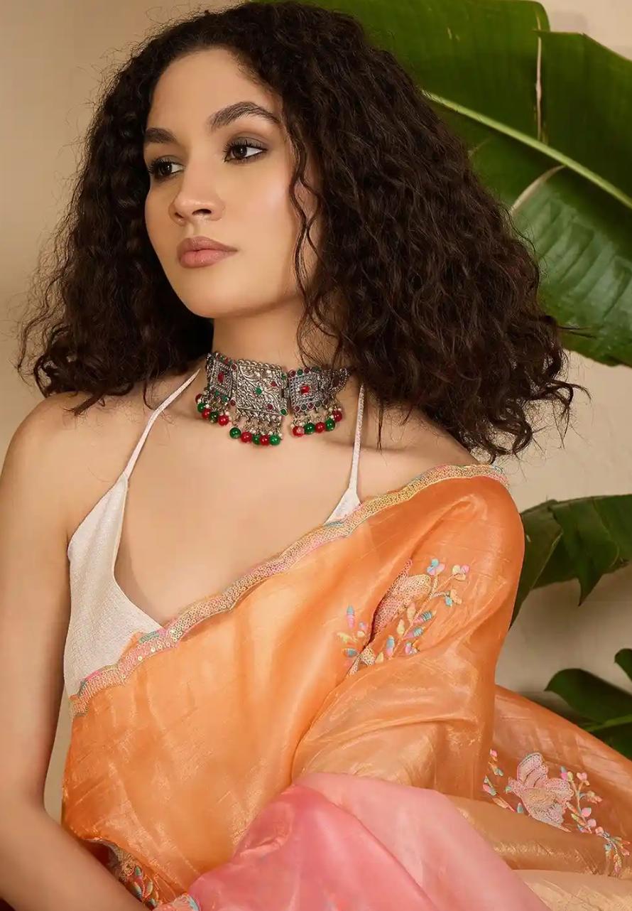 Pastel Peach and Coral Ombre Organza Saree with Delicate Floral Embroidery