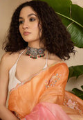 Pastel Peach and Coral Ombre Organza Saree with Delicate Floral Embroidery