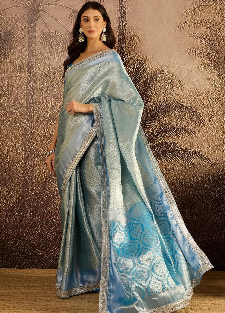 Luminous Ice Blue Banarasi Katan Silk Saree with Elegant Silver Zari Jaal