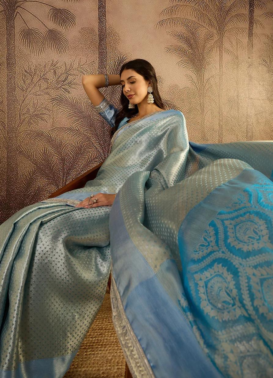 Luminous Ice Blue Banarasi Katan Silk Saree with Elegant Silver Zari Jaal