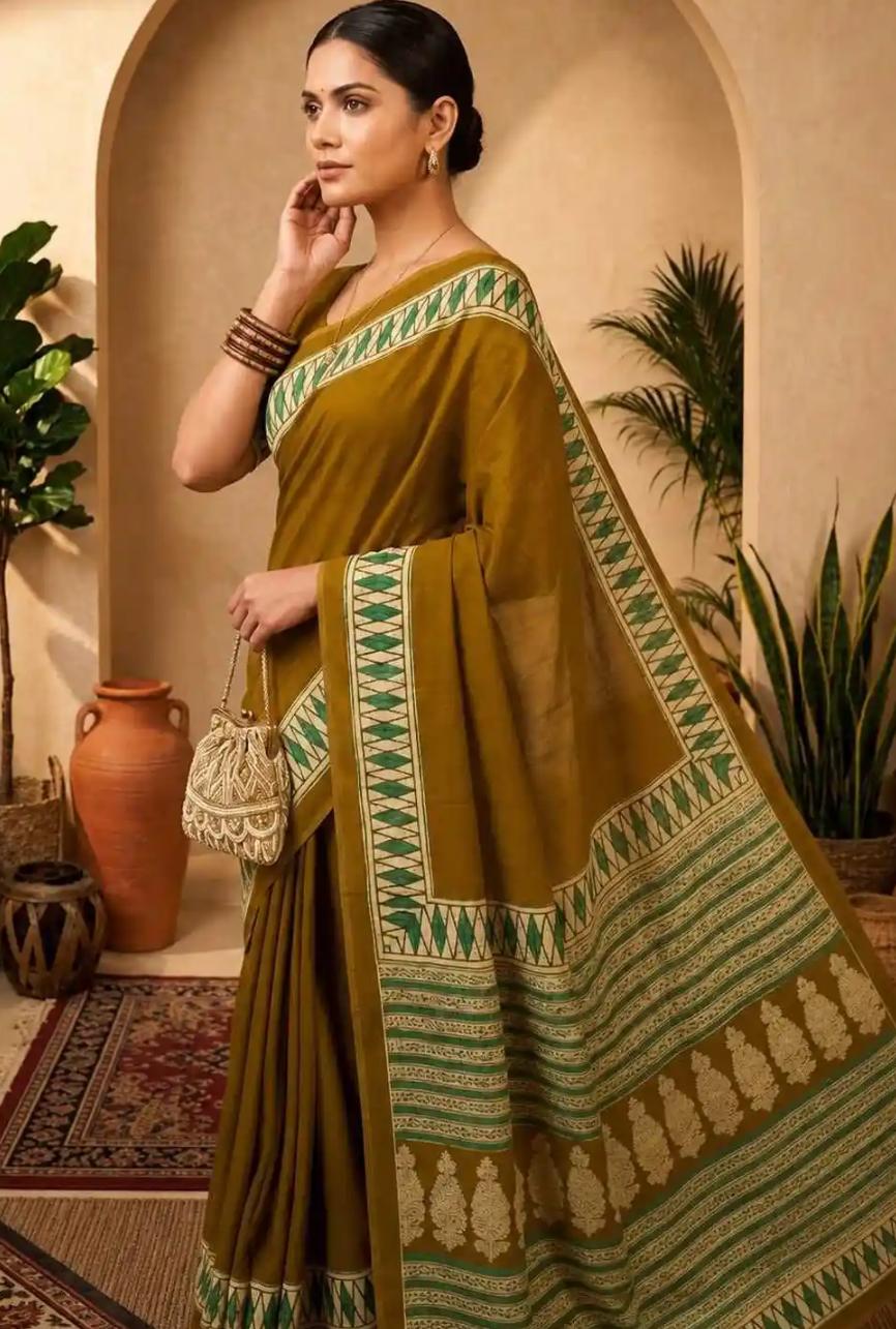 Earthy Olive Green Handloom Cotton Saree with Traditional Printed Border