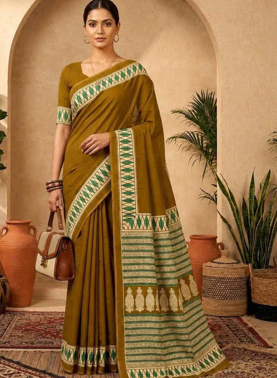 Earthy Olive Green Handloom Cotton Saree with Traditional Printed Border